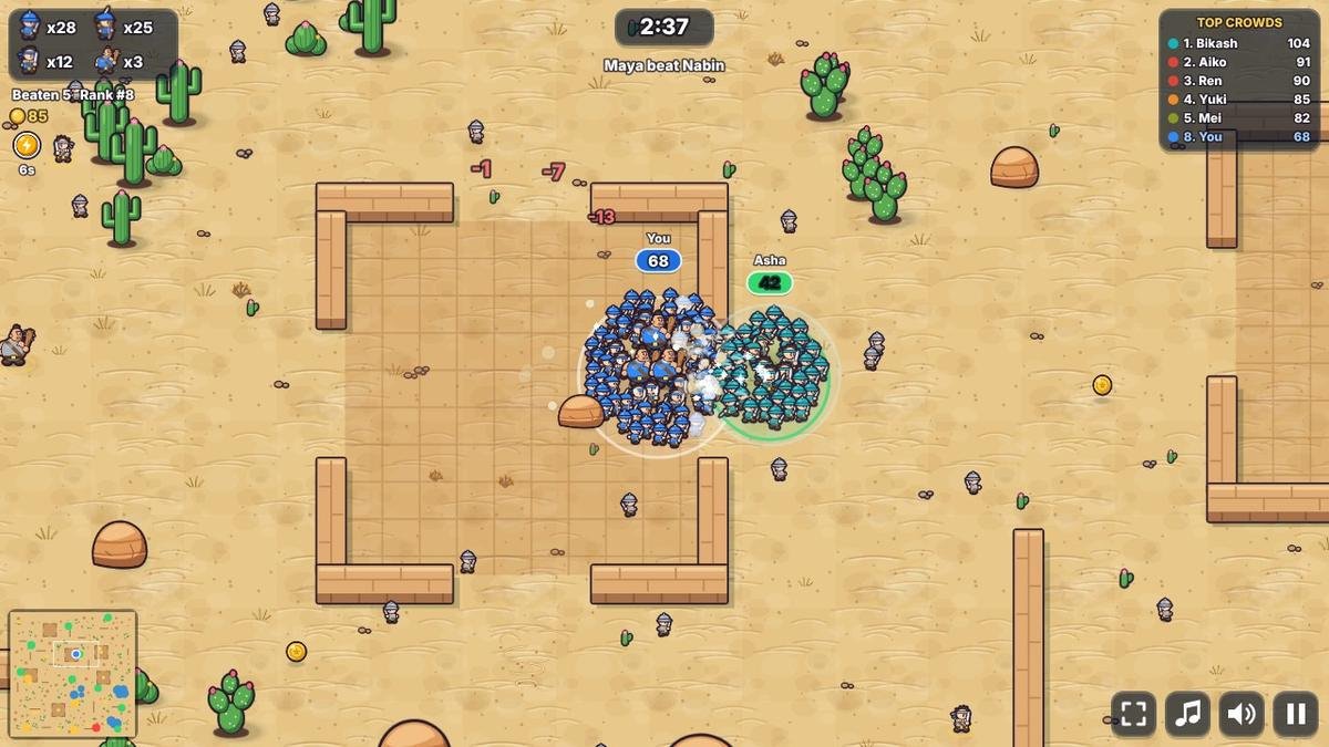 Your blue crowd fighting Asha's crowd with a green ring inside a fort on the Desert map