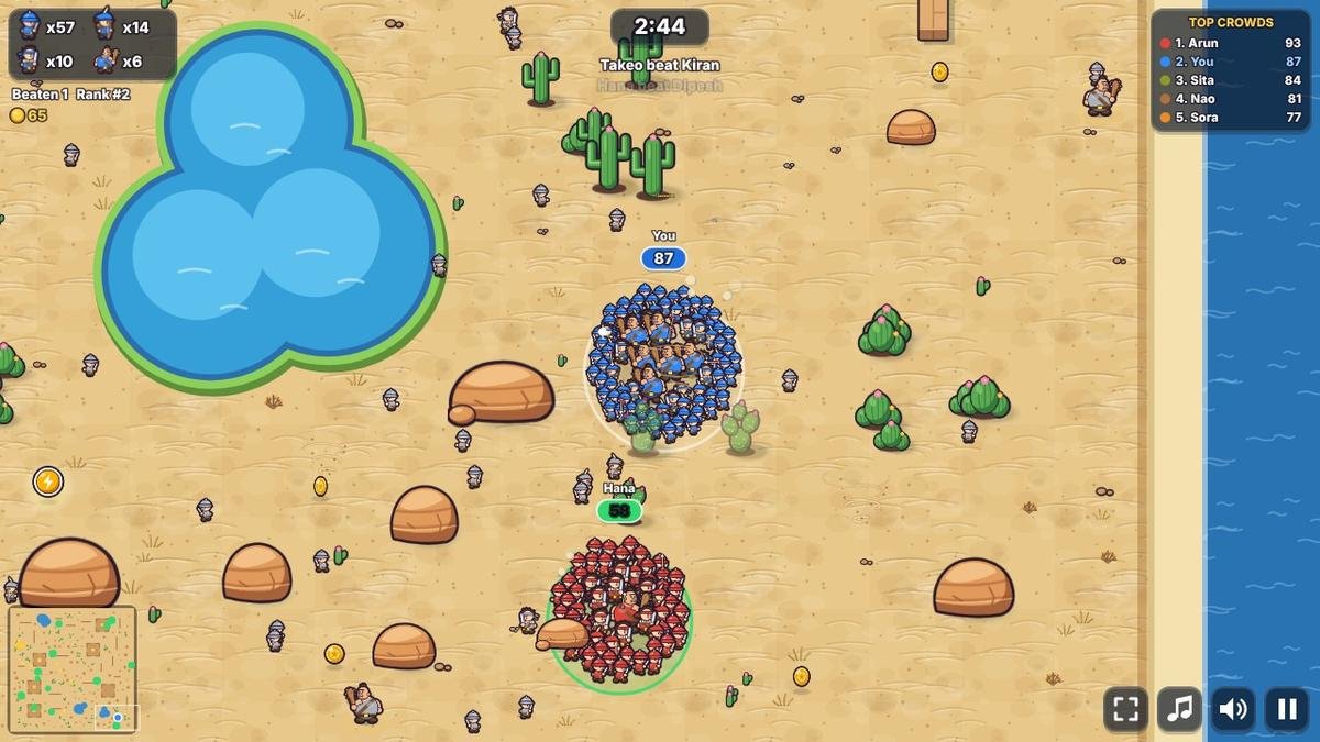Crowd Clash on the Desert map: a blue crowd between an oasis, cacti and sandstone rocks, with water on the right