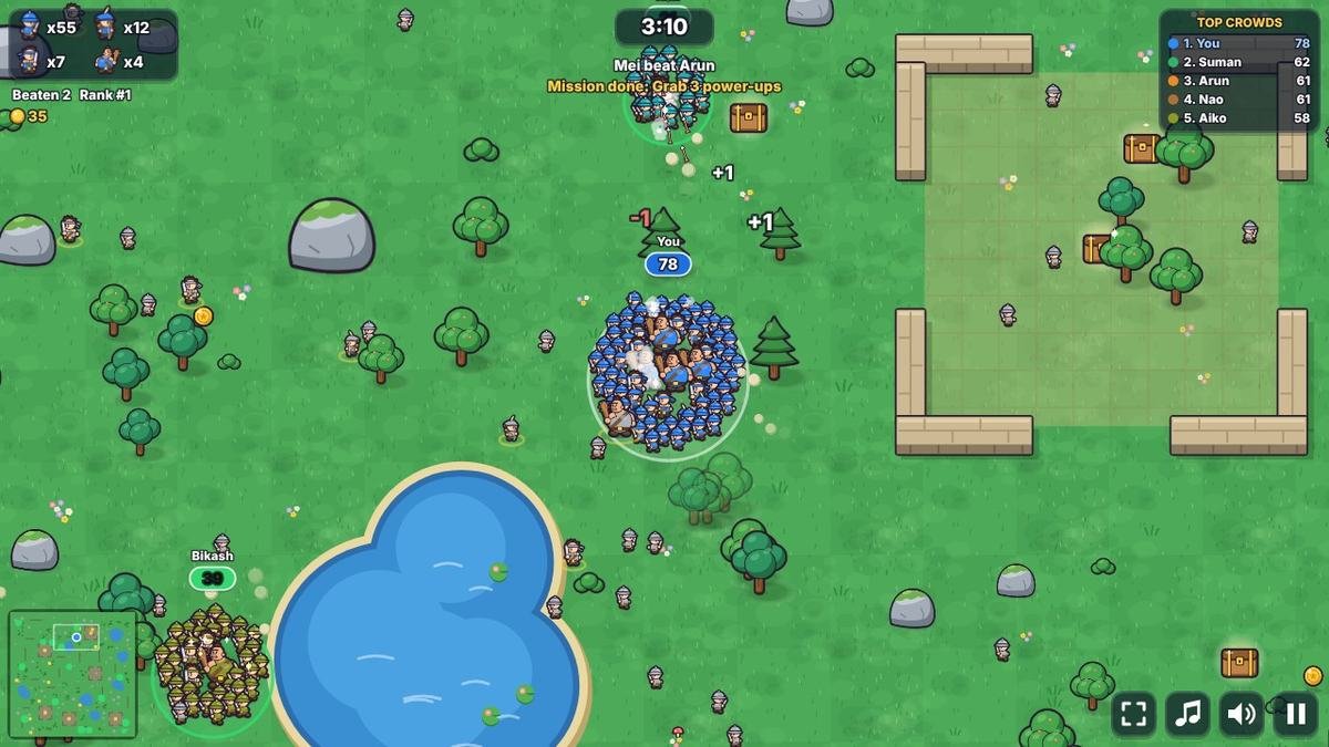 Crowd Clash on the Grassland map: a blue crowd next to a lake, trees, grey rocks and a fort with chests