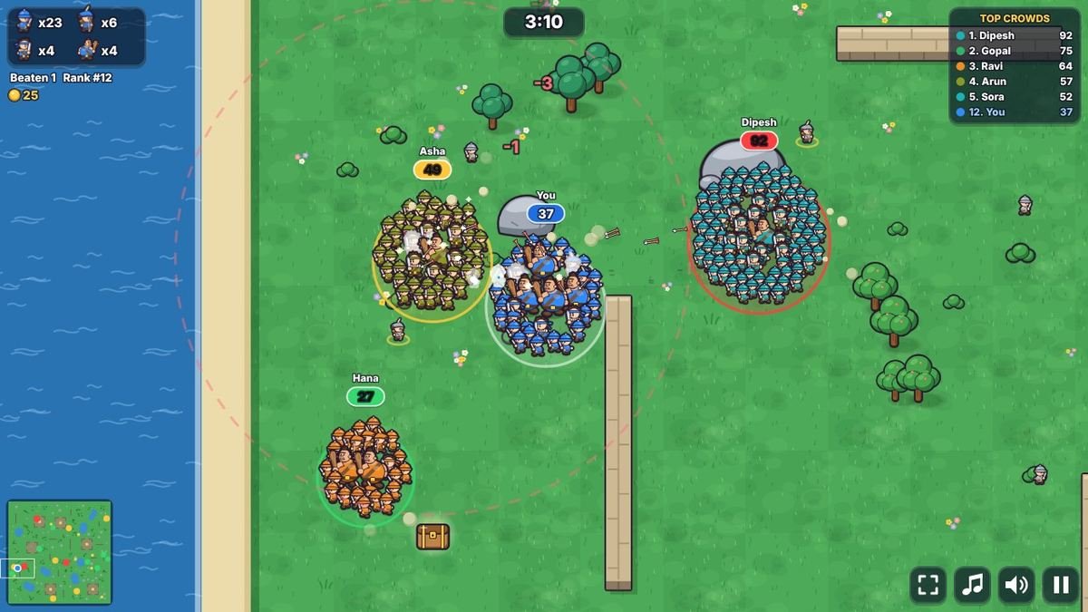 A blue crowd fighting a yellow-ring crowd, with a red-ring crowd on the right and a green-ring crowd below, on the Grassland map